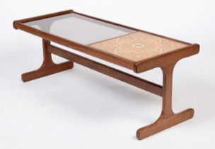 A mid Century teak coffee table with smoked glass and tiled top