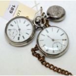 Two pocket watches, sovereign case; and an Albert chain.
