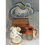 Spill vase, water jug, two stained wood games boxes and a ewer and basin