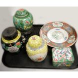 Various ginger jars and covers; plate; and trinket box.