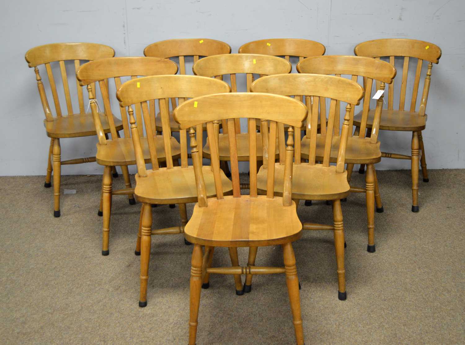 Ten Victorian-style beechwood kitchen chairs.