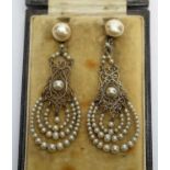 A pair of French faux-pearl and white metal drop earrings