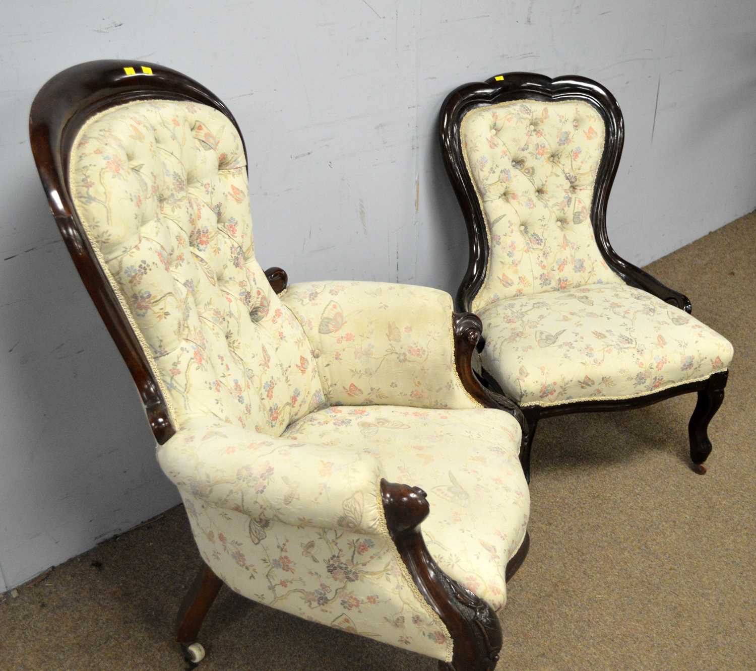 A Victorian carved and button upholstered balloon back easy armchair and another. - Image 3 of 5