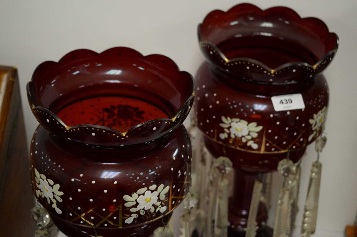 A pair of Victorian cranberry glass lustres. - Image 2 of 2