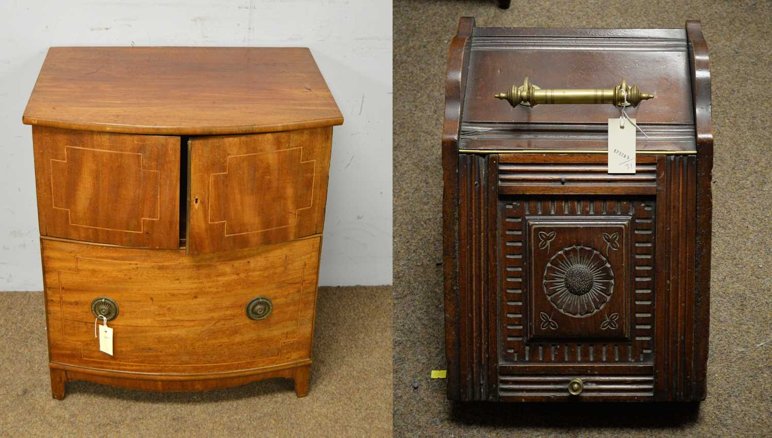 A Georgian mahogany commode cabinet; and a Victorian coal box.