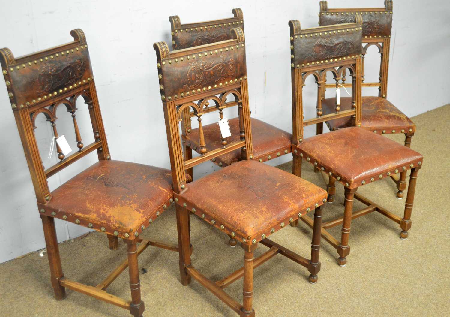 Five early 20th Century oak and leather dining chairs - Image 2 of 5