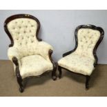 A Victorian carved and button upholstered balloon back easy armchair and another.