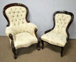 A Victorian carved and button upholstered balloon back easy armchair and another.