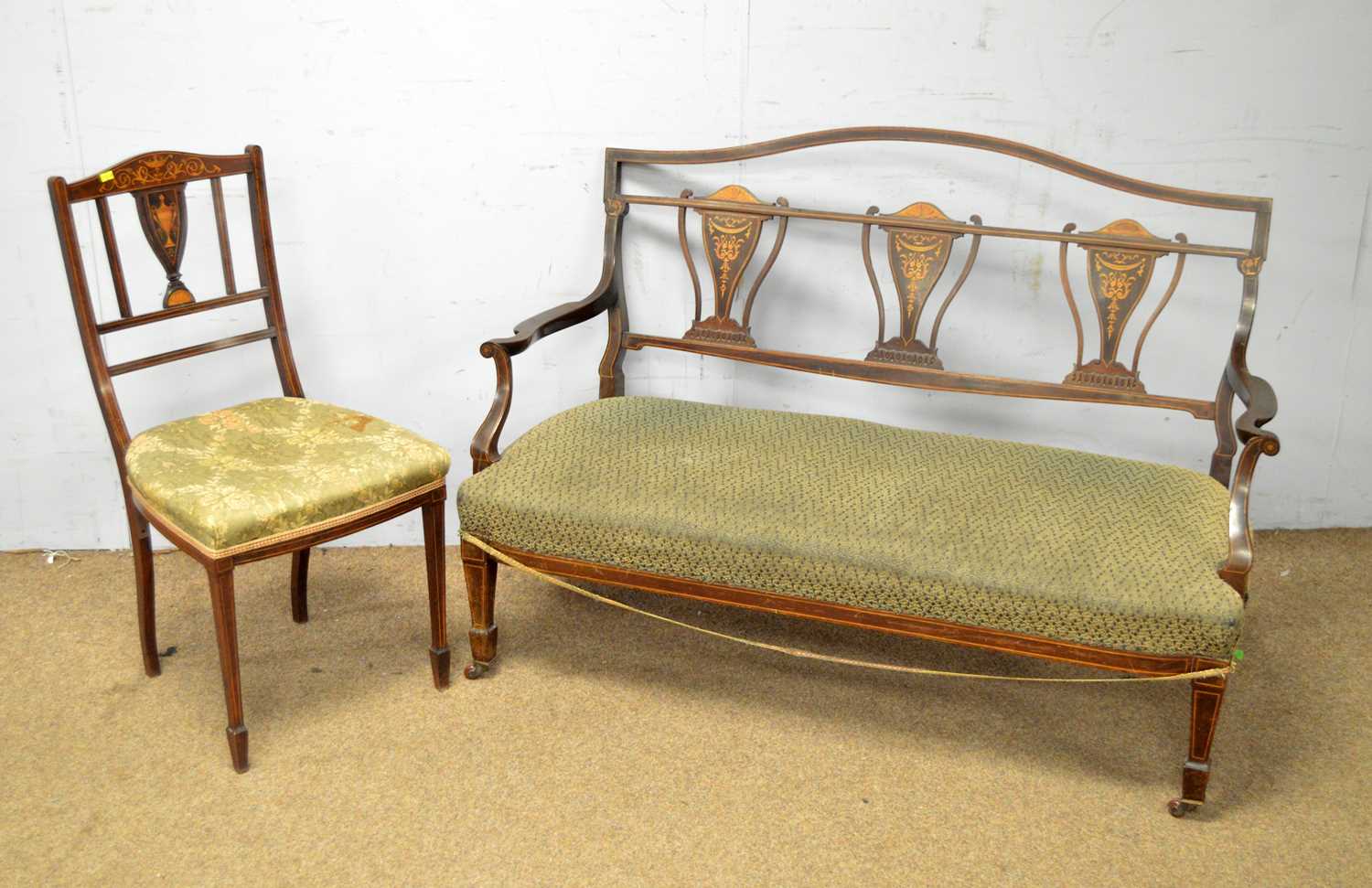 An Edwardian inlaid two seater settee and a salon chair