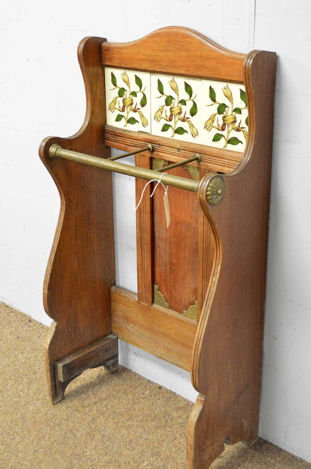 An Edwardian walnut and brass tile back stick stand - Image 3 of 4