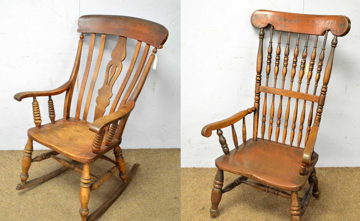 A Victorian rustic Windsor style rocking chair and a 19th Century spindle back armchair