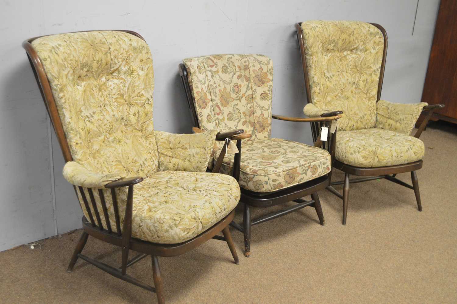 A pair of Ercol oak Colonial armchairs and another armchair - Image 2 of 4