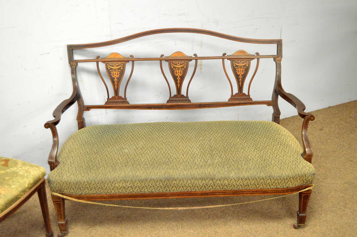 An Edwardian inlaid two seater settee and a salon chair - Image 2 of 5