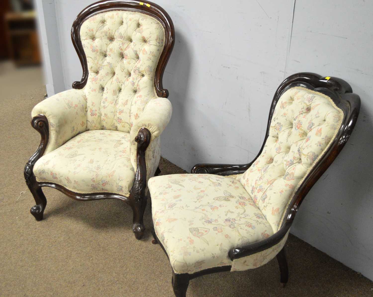 A Victorian carved and button upholstered balloon back easy armchair and another. - Image 2 of 5