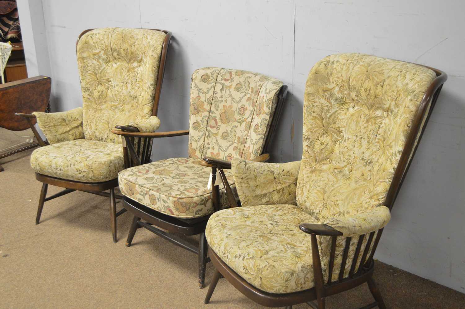 A pair of Ercol oak Colonial armchairs and another armchair - Image 3 of 4