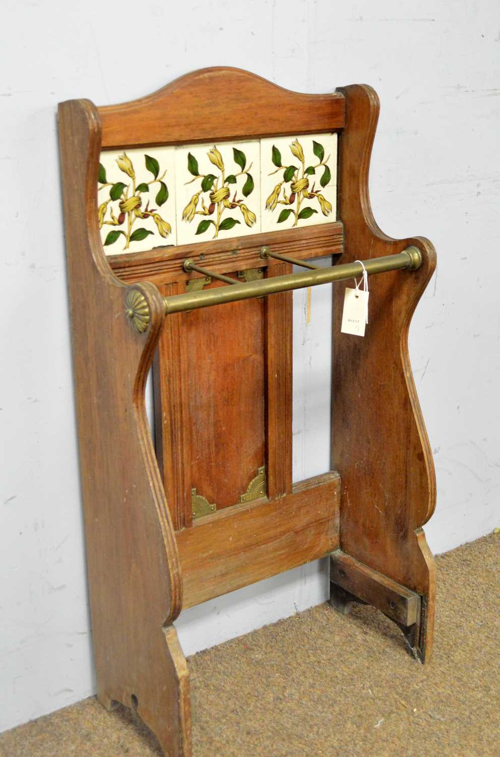 An Edwardian walnut and brass tile back stick stand - Image 2 of 4