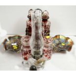 A selection of glass decanters, bottle stand; and other items, various.