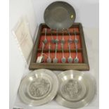 Charles Dickens pewter spoon collection; and pewter dishes, various.