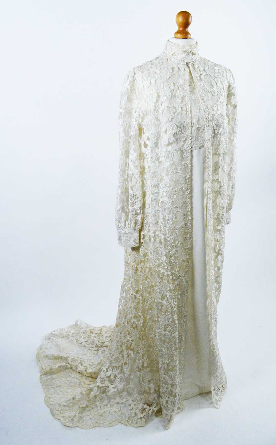 1960s two-piece champagne satin and lace wedding dress - Image 4 of 5