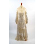 1970s champagne silk and antique lace wedding dress