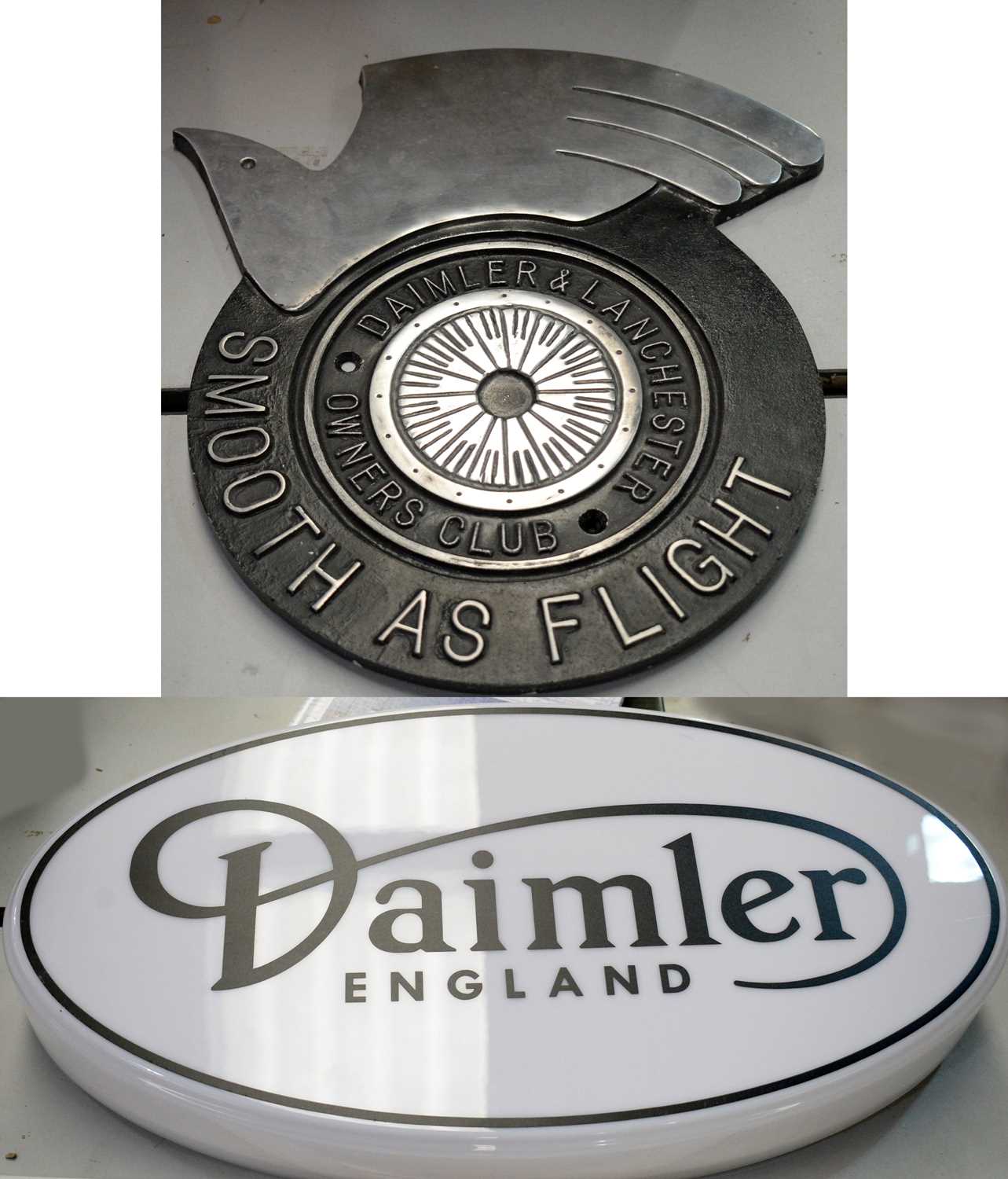 Daimler & Lanchester Owner's replica display sign; and a Daimler light-up advertising sign.