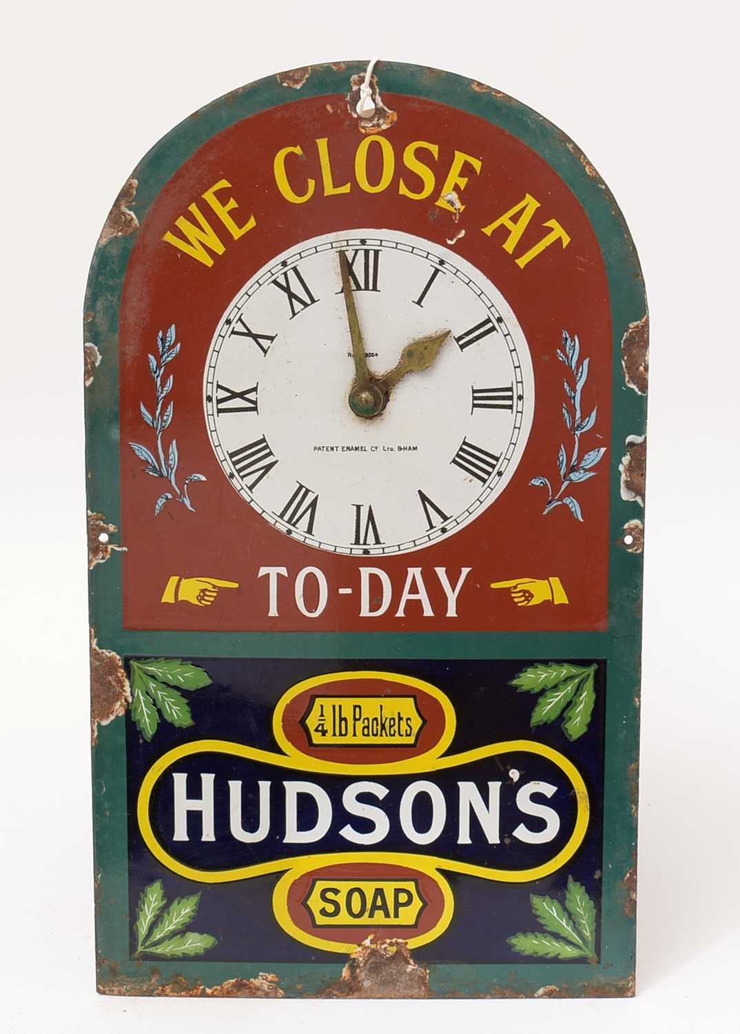 Hudson's Soap clock faced enamel sign