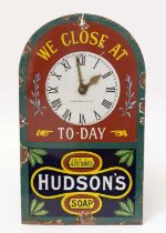 Hudson's Soap clock faced enamel sign