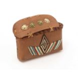 A Native American birch bark and stained porcupine quill almond box,