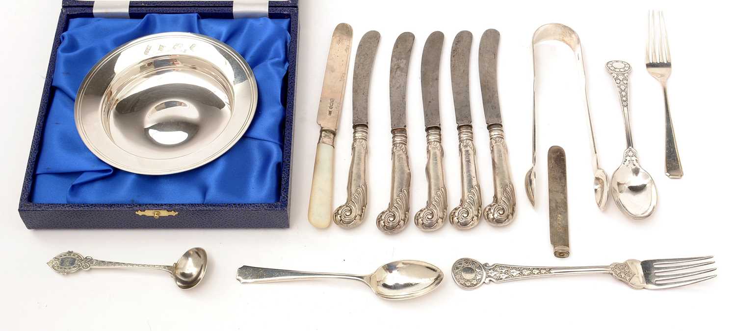 Silver dish, knives, tongs and other metal items