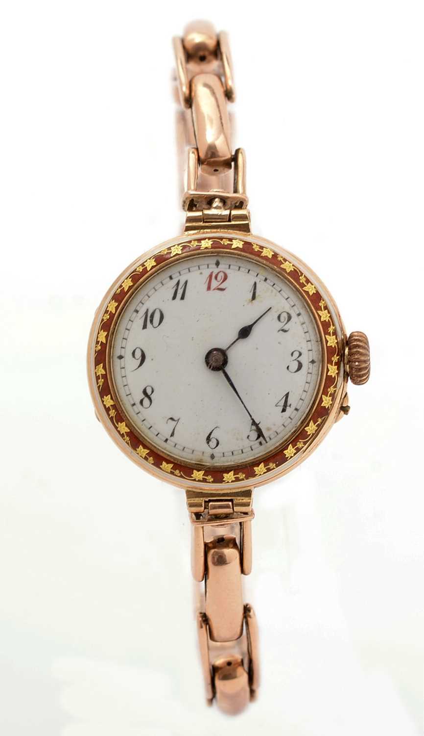 An Edwardian 15ct yellow gold and enamel cased cocktail watch,