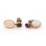 A pair of ruby and opal drop earrings,