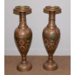 A pair of Indian enamelled brass floor standing urns.