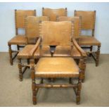 A set of six light oak tan leather-covered dining chairs.