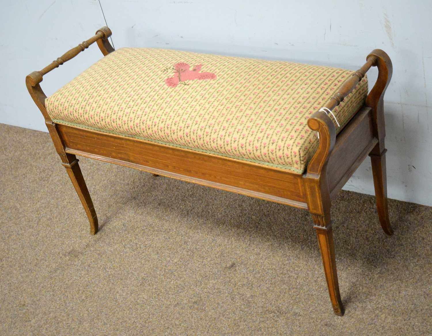 An Edwardian walnut and banded duet piano stool. - Image 2 of 3