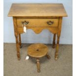 A small light oak reproduction low boy with a beech and elm milking stool.