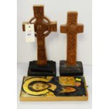 Religious icon; and two crucifixes