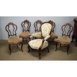 A Victorian spoon-back salon chair; with a set of five Victorian balloon-back dining chairs.