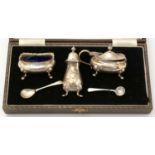 A three piece silver condiment set, by Addie Brothers,