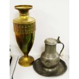 A tankard, a pewter plate and a brass vase