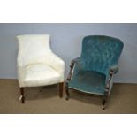 A cream tub chair with square tapering support; a Victorian blue velvet covered button-back salon ch
