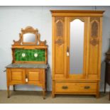 A satin birch single wardrobe together with a matching tile back washstand