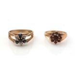 A sapphire and diamond cluster ring and a garnet cluster ring,