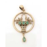 A 9ct yellow gold, emerald and seed pearl pendant,