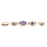 Five sapphire and other blue stone rings,