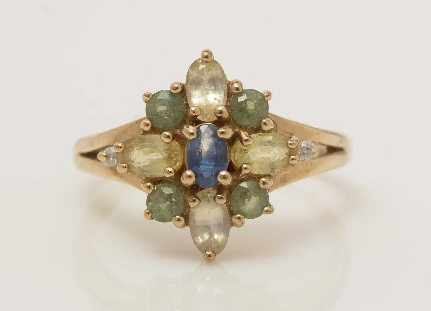 A coloured sapphire and diamond ring, - Image 2 of 3