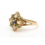 A coloured sapphire and diamond ring,