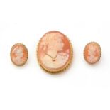 A carved shell cameo brooch, and matching earrings