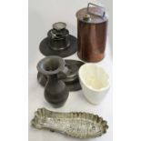 A selection of metalwares and a ceramic jelly mould