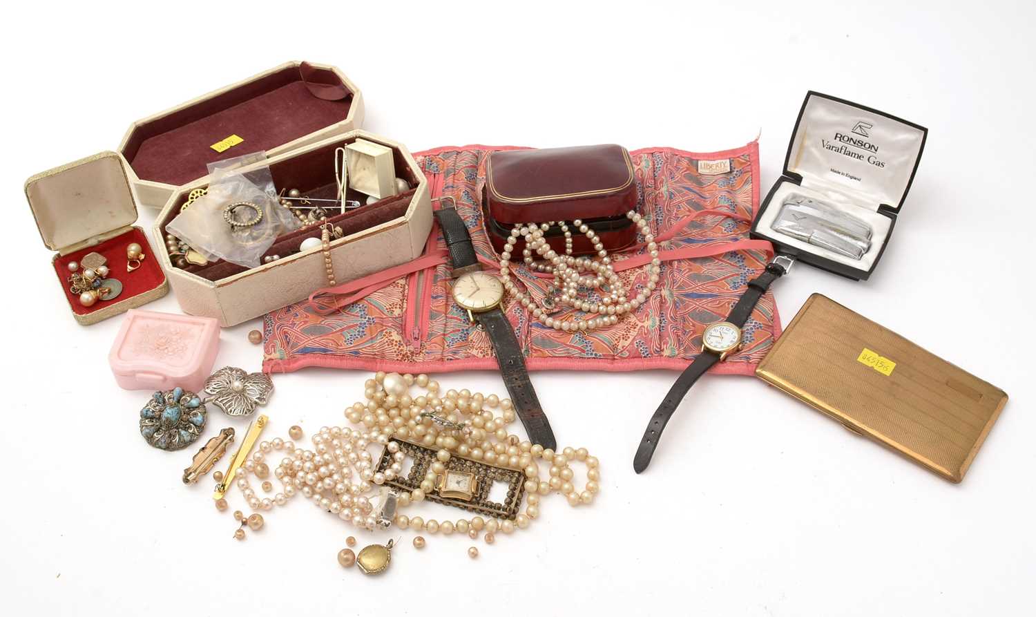 A quantity of costume jewellery, watches and a cigarette case.