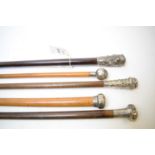 A silver capped swagger stick and four walking sticks.